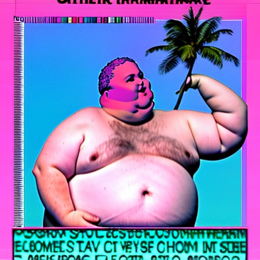 a vaporwave screenshot shirtless fat man, skull icons on top, large text words written over everything